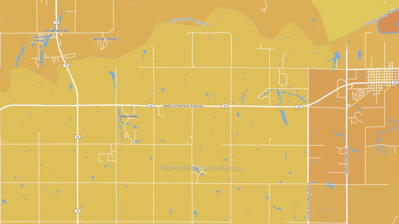Map of the best neighborhoods in the Cedar Valley area, with better matches in green and worse matches in red