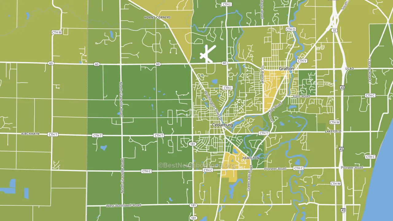 Map of the best neighborhoods in the Cedarburg area, with better matches in green and worse matches in red