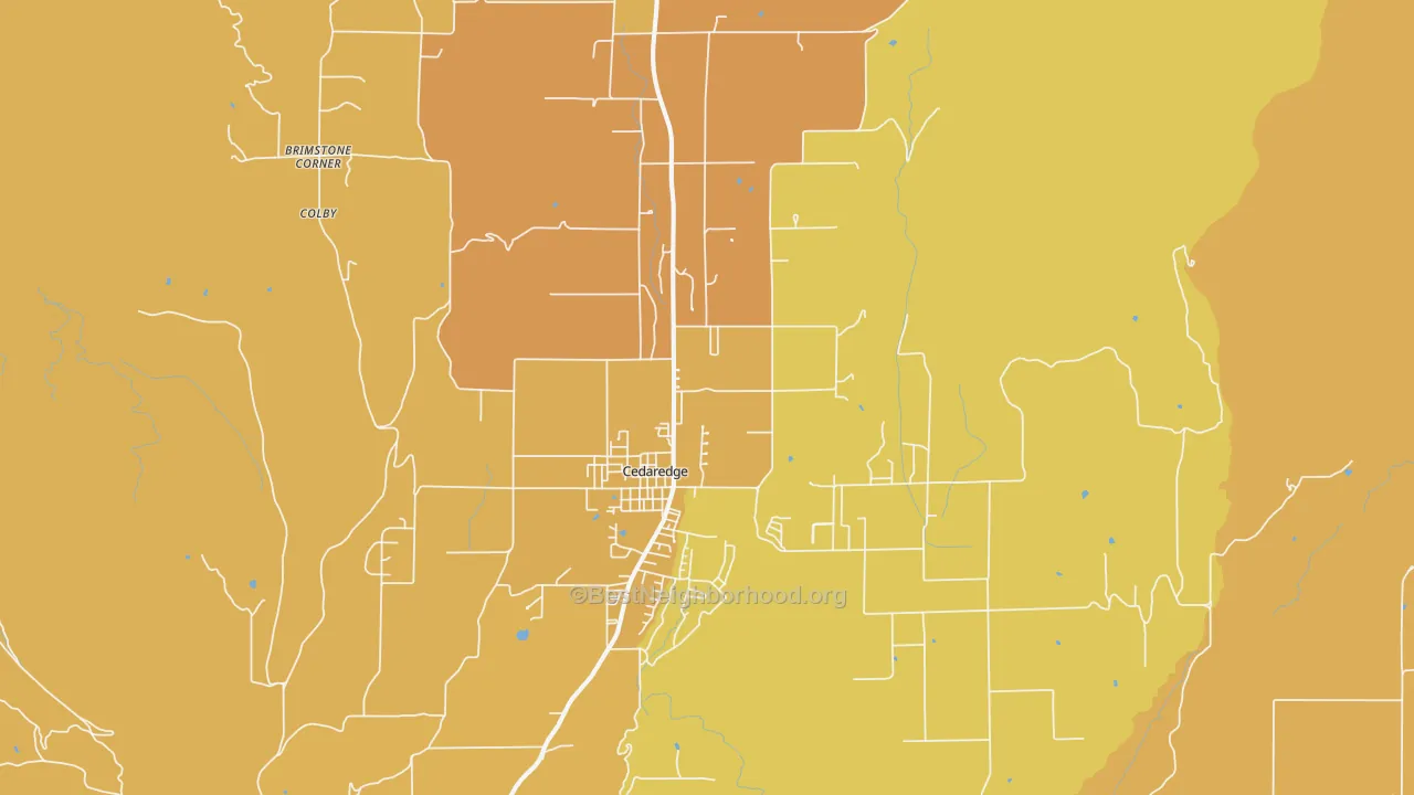 Map of the best neighborhoods in the Cedaredge area, with better matches in green and worse matches in red