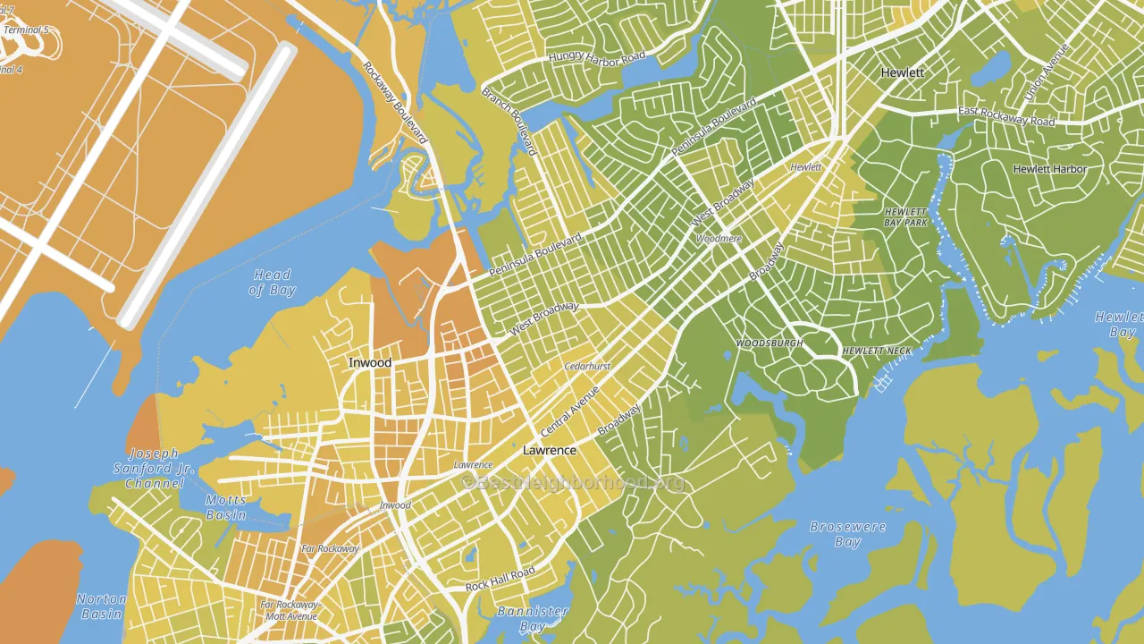 Map of the best neighborhoods in the Cedarhurst area, with better matches in green and worse matches in red