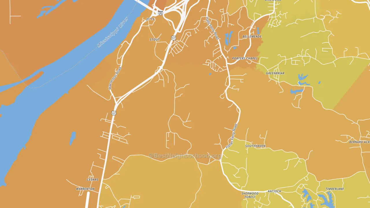 Map of the best neighborhoods in the Cedars area, with better matches in green and worse matches in red