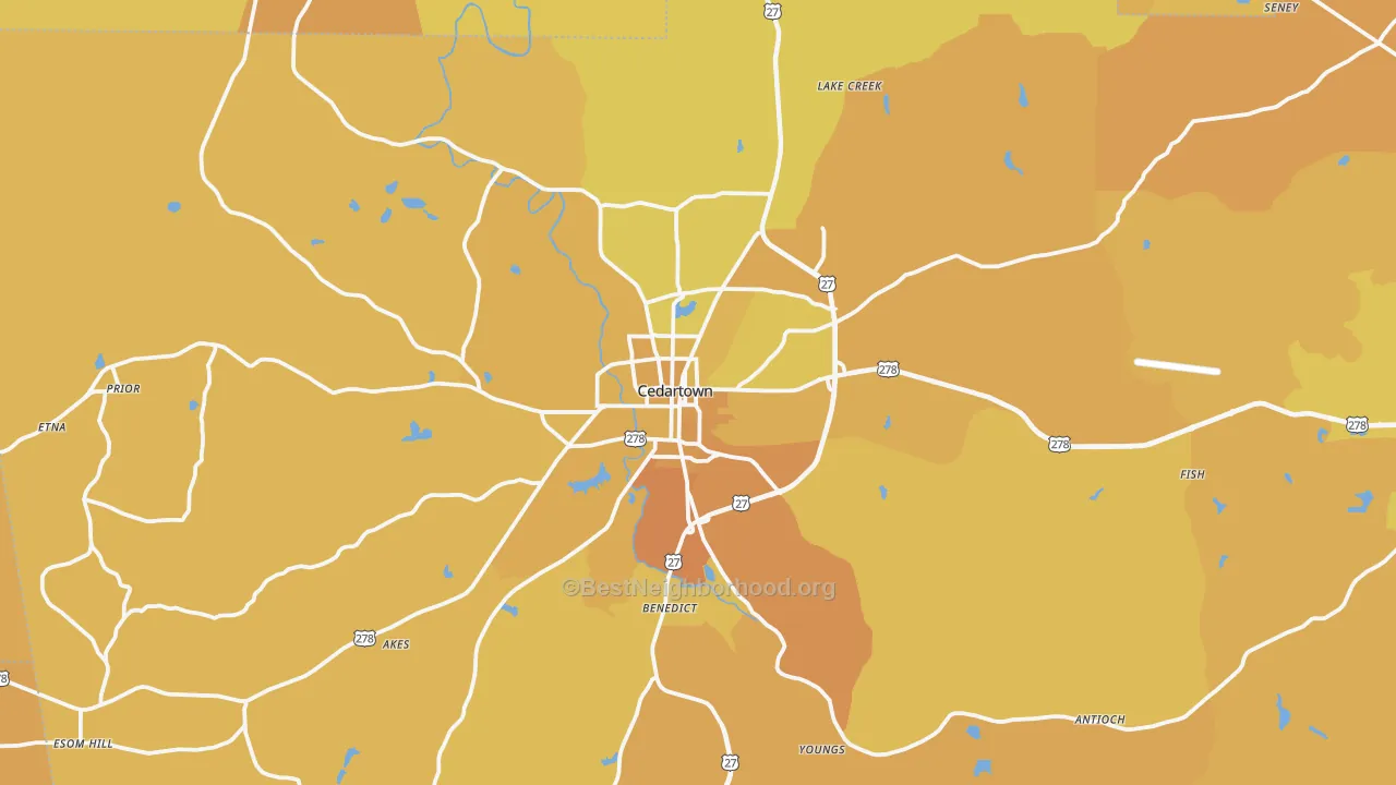 Map of the best neighborhoods in the Cedartown area, with better matches in green and worse matches in red