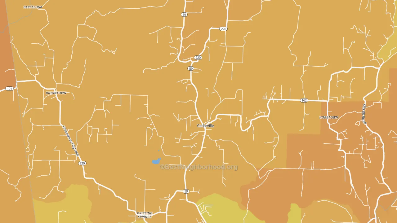 Map of the best neighborhoods in the Cedarville area, with better matches in green and worse matches in red