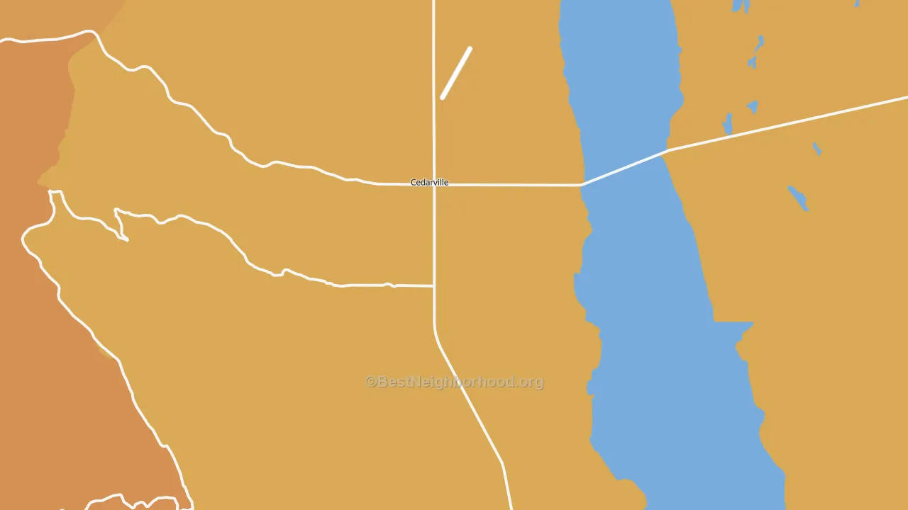 Map of the best neighborhoods in the Cedarville area, with better matches in green and worse matches in red