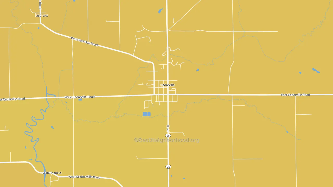 Map of the best neighborhoods in the Cedarville area, with better matches in green and worse matches in red