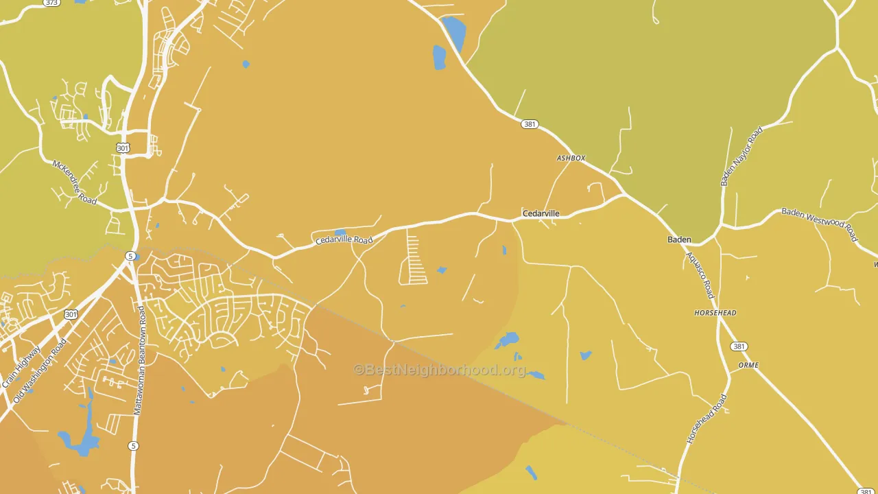 Map of the best neighborhoods in the Cedarville area, with better matches in green and worse matches in red