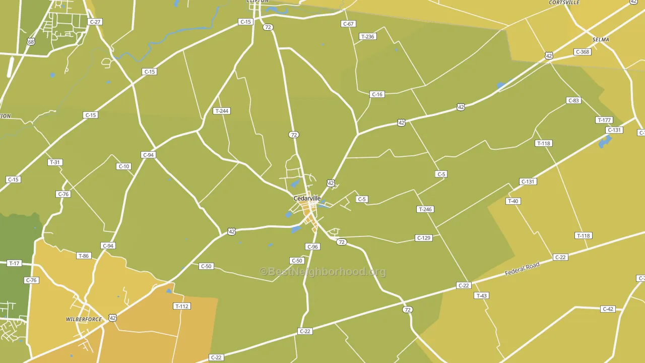 Map of the best neighborhoods in the Cedarville area, with better matches in green and worse matches in red