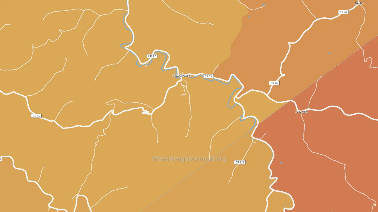 Map of the best neighborhoods in the Cedarville area, with better matches in green and worse matches in red