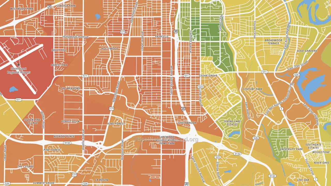 Map of the best neighborhoods in the Ceder Grove-Lynbrook, Shreveport area, with better matches in green and worse matches in red