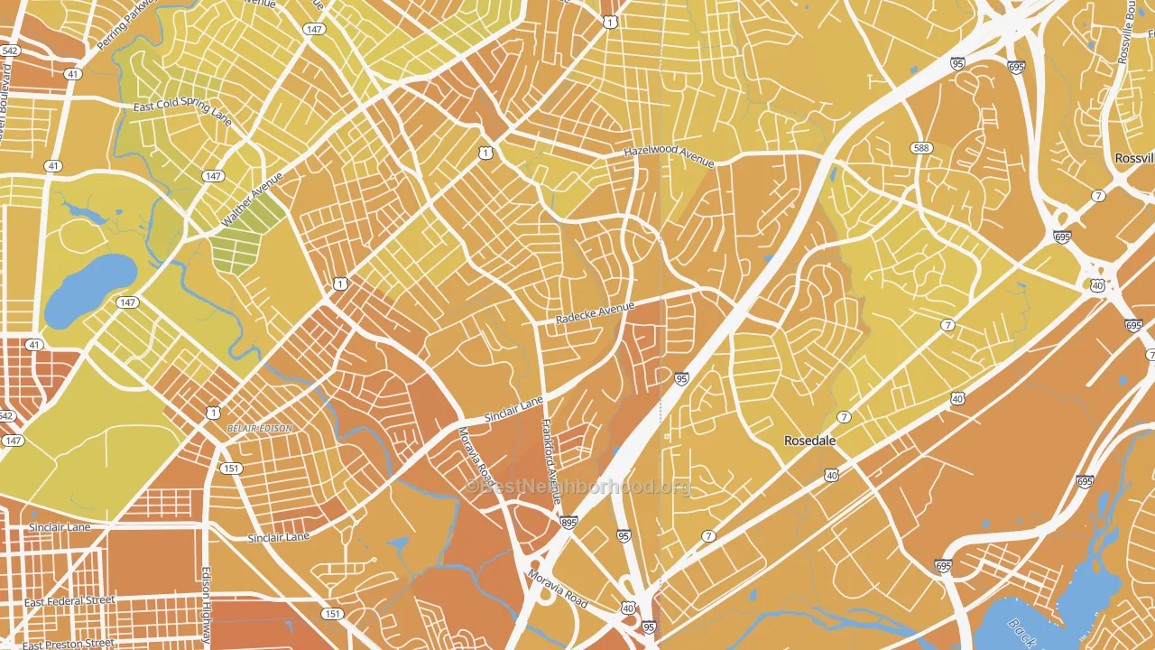 Map of the best neighborhoods in the Cedonia, Baltimore area, with better matches in green and worse matches in red