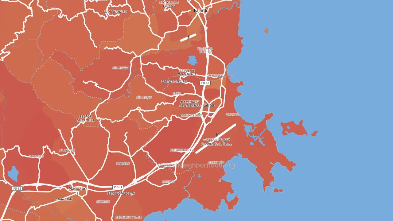 Map of the best neighborhoods in the Ceiba Municipio area, with better matches in green and worse matches in red