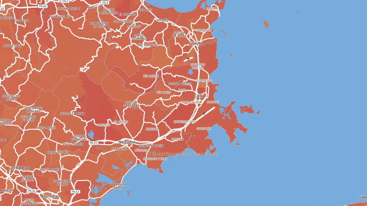 Map of the best neighborhoods in the Ceiba area, with better matches in green and worse matches in red