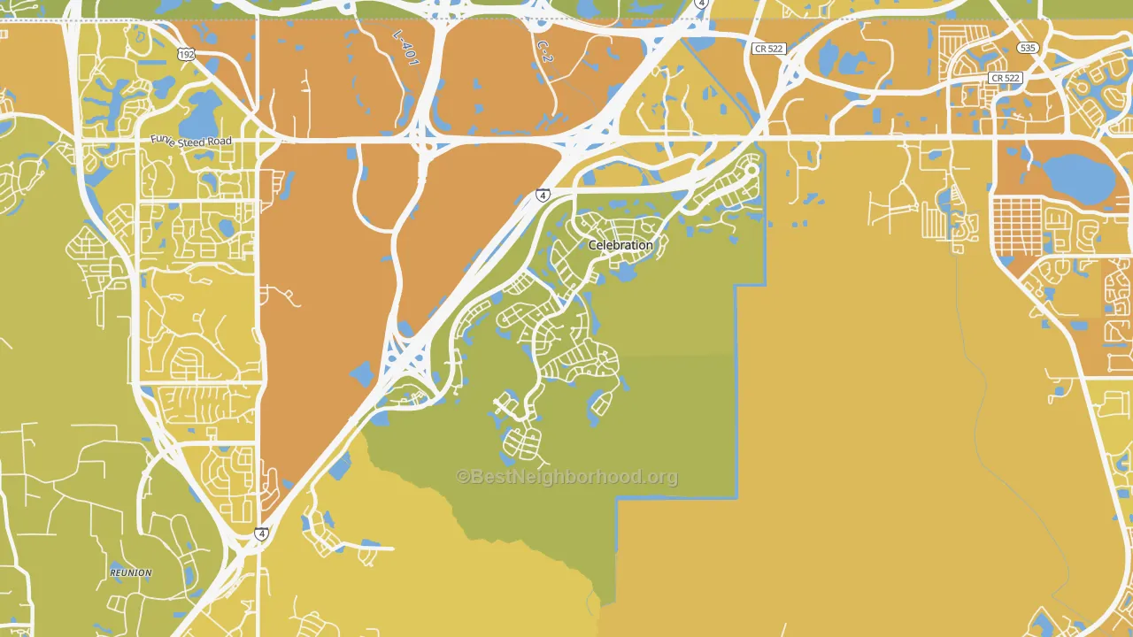 Map of the best neighborhoods in the Celebration area, with better matches in green and worse matches in red