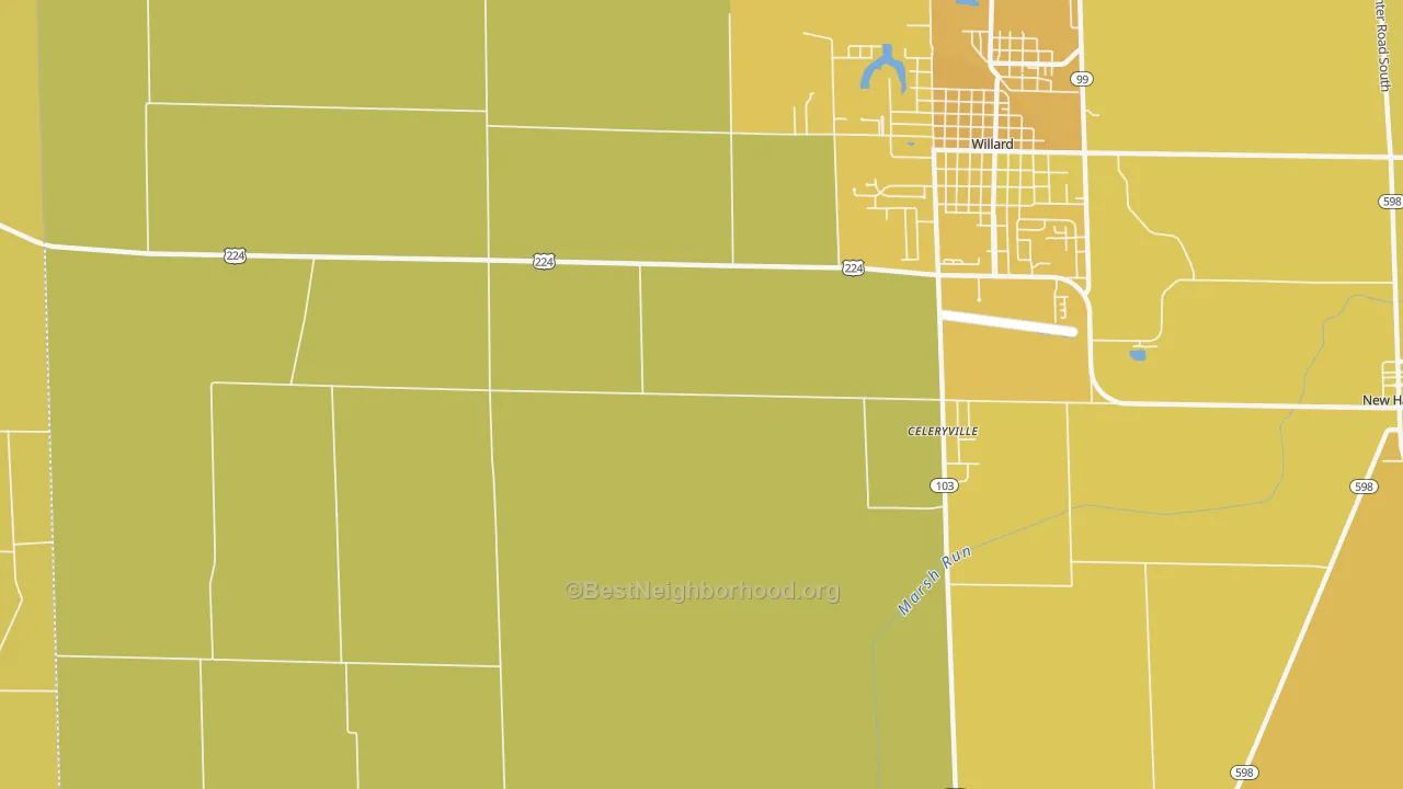 Map of the best neighborhoods in the Celeryville area, with better matches in green and worse matches in red