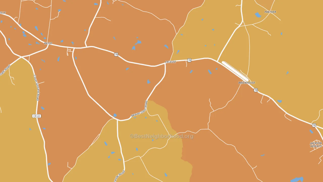 Map of the best neighborhoods in the Celeste area, with better matches in green and worse matches in red