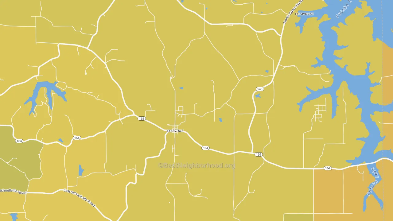 Map of the best neighborhoods in the Celestine area, with better matches in green and worse matches in red