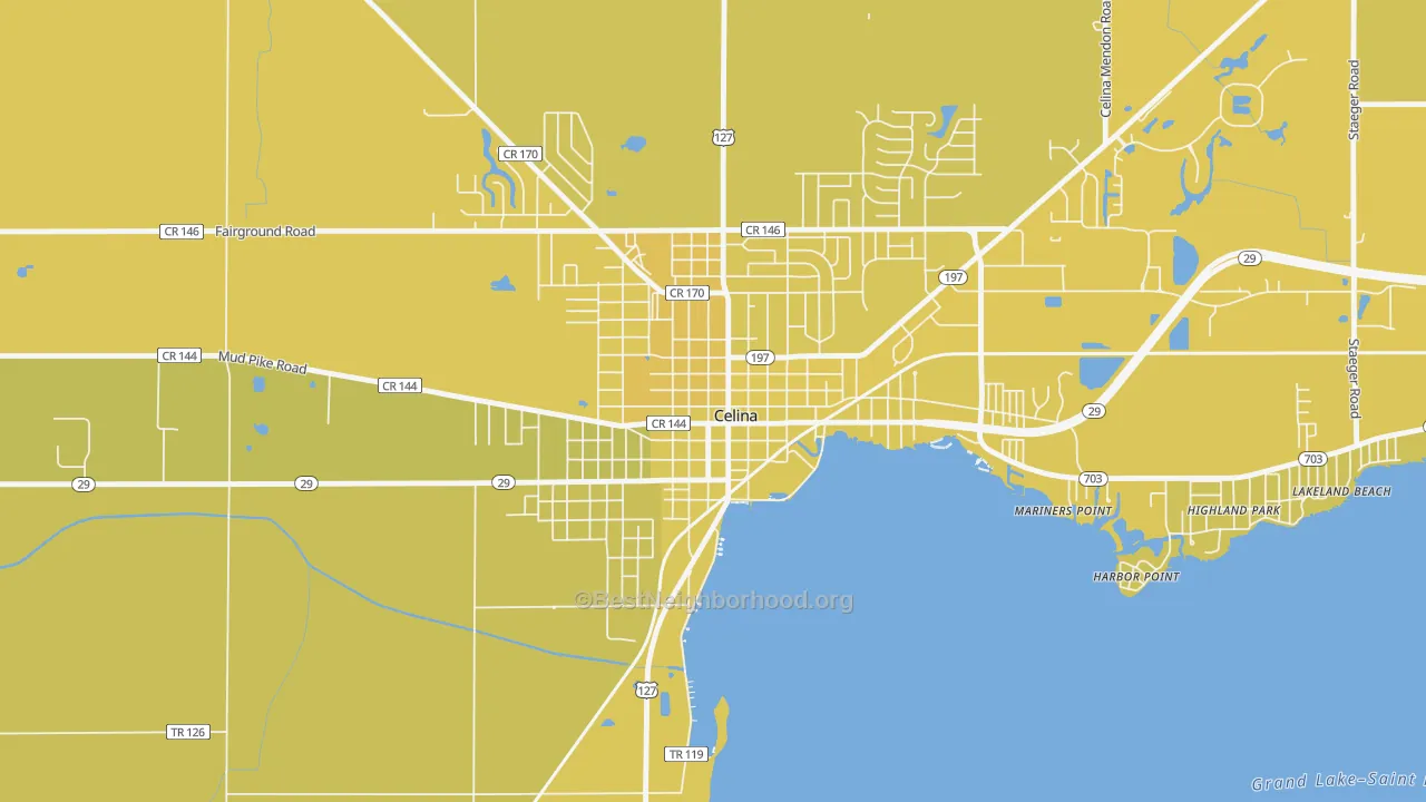 Map of the best neighborhoods in the Celina Main Street Historic District, Celina area, with better matches in green and worse matches in red