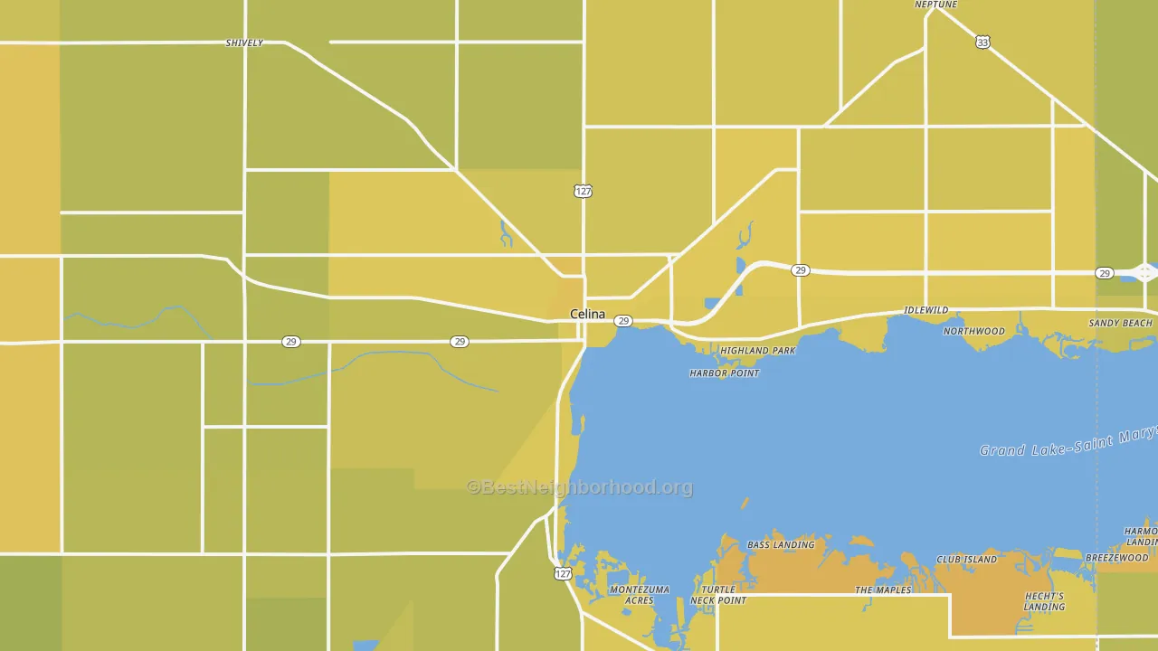 Map of the best neighborhoods in the Celina area, with better matches in green and worse matches in red