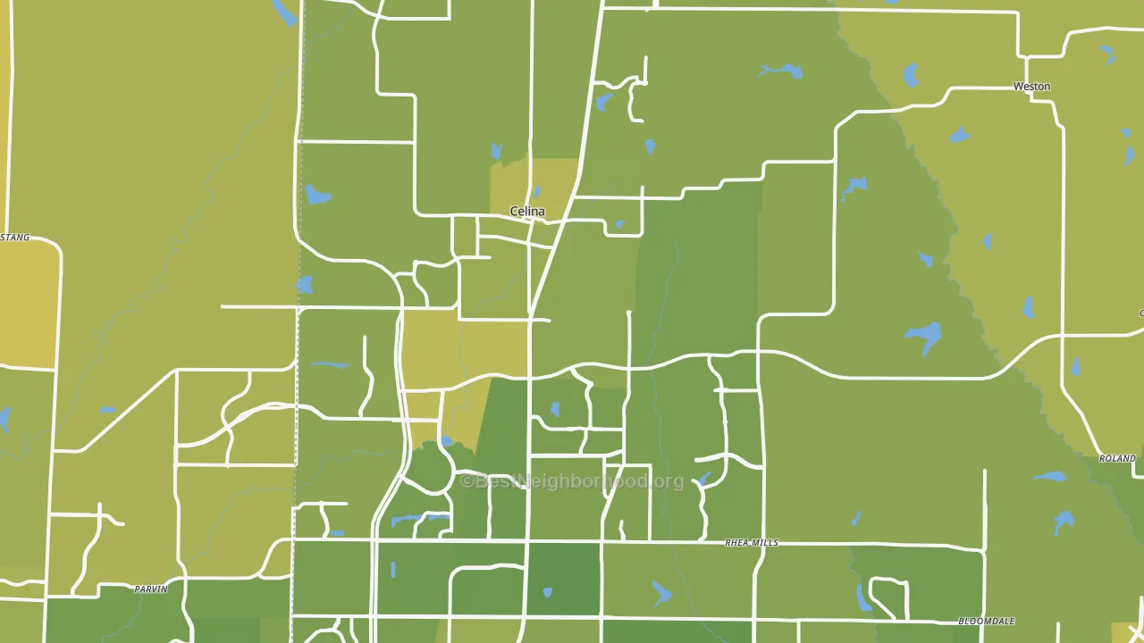 Map of the best neighborhoods in the Celina area, with better matches in green and worse matches in red