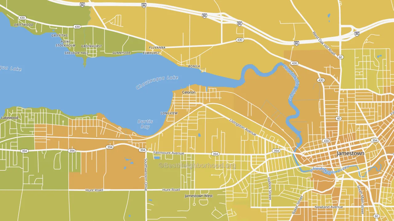Map of the best neighborhoods in the Celoron area, with better matches in green and worse matches in red