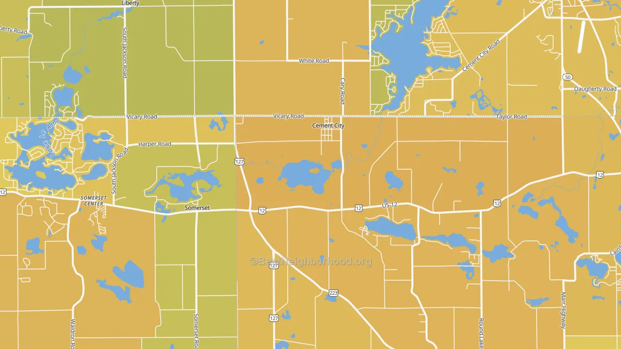Map of the best neighborhoods in the Cement City area, with better matches in green and worse matches in red