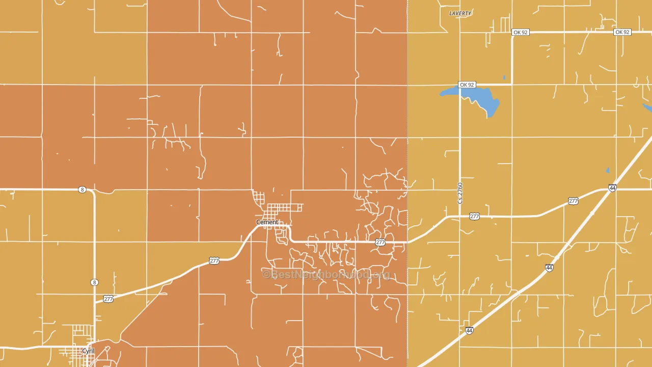 Map of the best neighborhoods in the Cement area, with better matches in green and worse matches in red