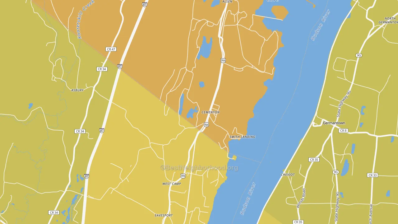 Map of the best neighborhoods in the Cementon area, with better matches in green and worse matches in red