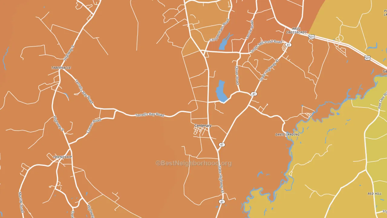 Map of the best neighborhoods in the Centenary area, with better matches in green and worse matches in red