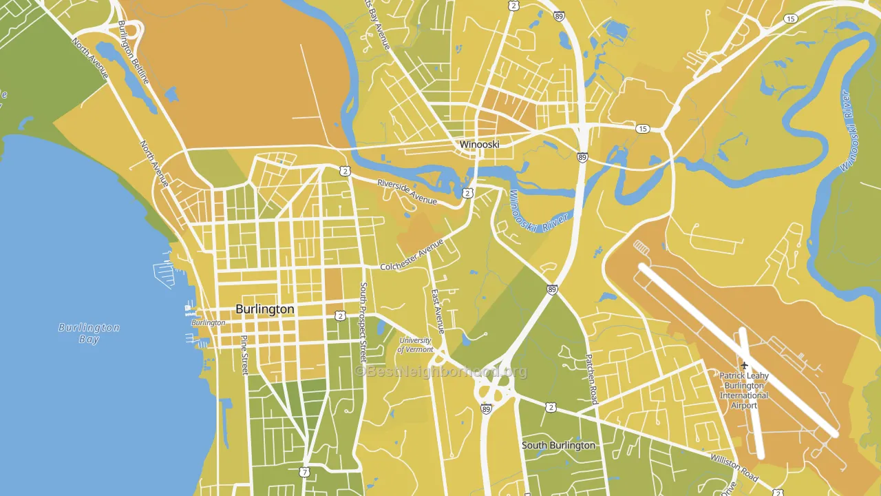Map of the best neighborhoods in the Centennial, Burlington area, with better matches in green and worse matches in red