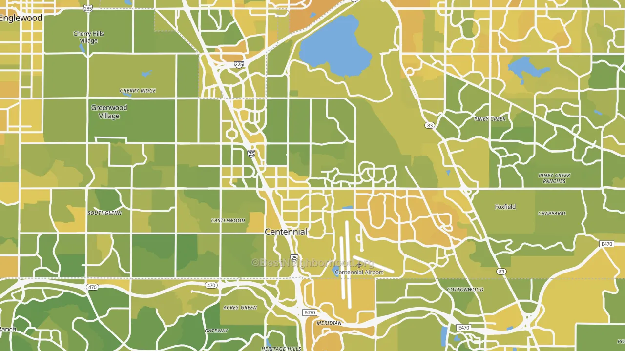 Map of the best neighborhoods in the Centennial area, with better matches in green and worse matches in red