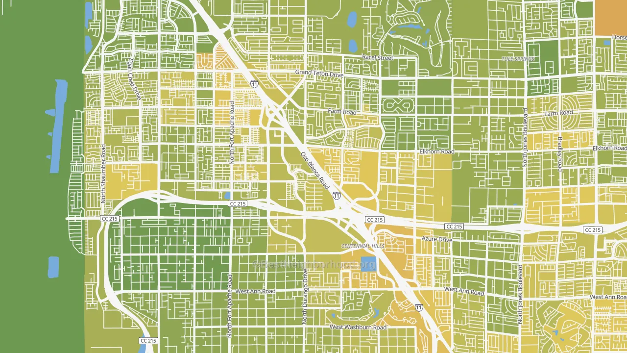 Map of the best neighborhoods in the Centennial Hills, Las Vegas area, with better matches in green and worse matches in red