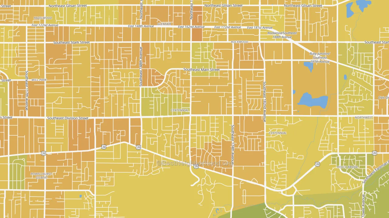 Map of the best neighborhoods in the Centennial, Portland area, with better matches in green and worse matches in red