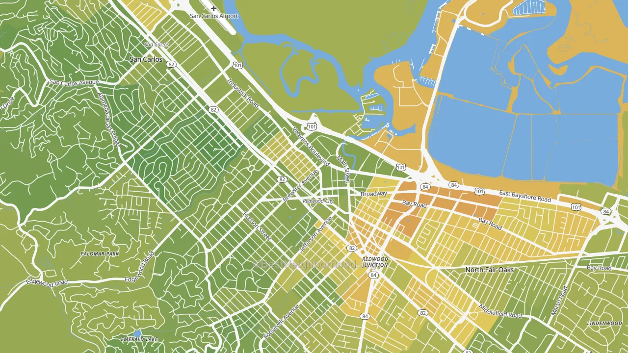 Map of the best neighborhoods in the Centennial, Redwood City area, with better matches in green and worse matches in red