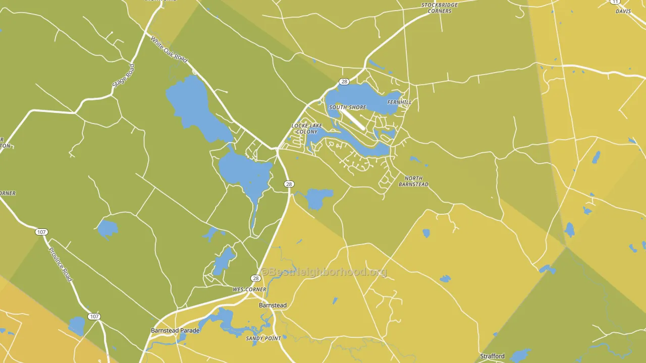 Map of the best neighborhoods in the Center Barnstead area, with better matches in green and worse matches in red