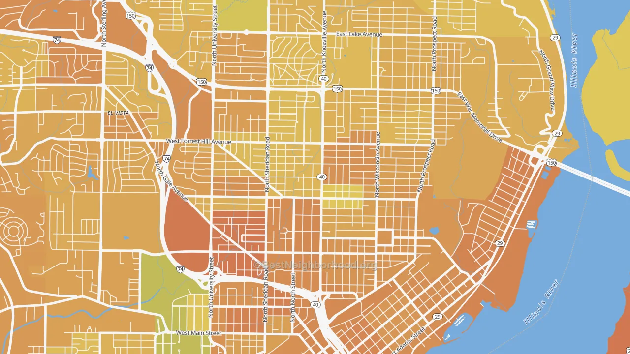 Map of the best neighborhoods in the Center Bluff, Peoria area, with better matches in green and worse matches in red