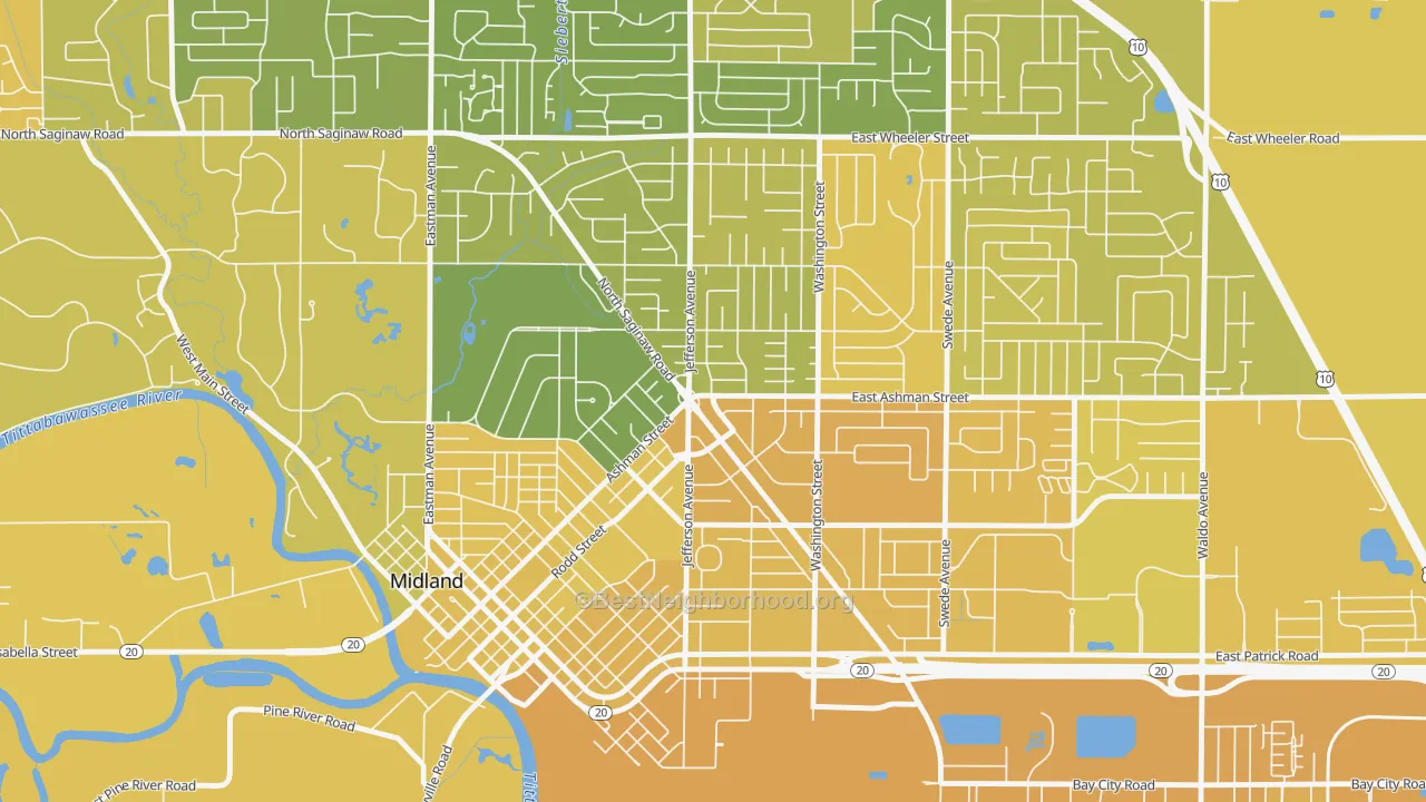 Map of the best neighborhoods in the Center City, Midland area, with better matches in green and worse matches in red