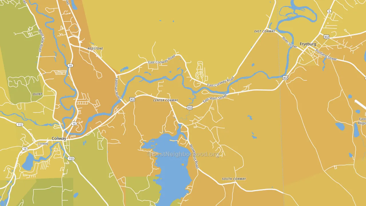 Map of the best neighborhoods in the Center Conway area, with better matches in green and worse matches in red