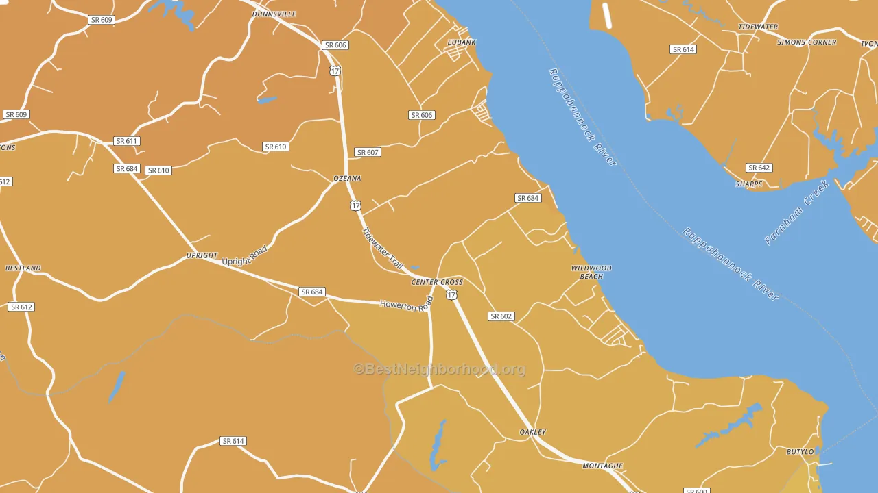 Map of the best neighborhoods in the Center Cross area, with better matches in green and worse matches in red