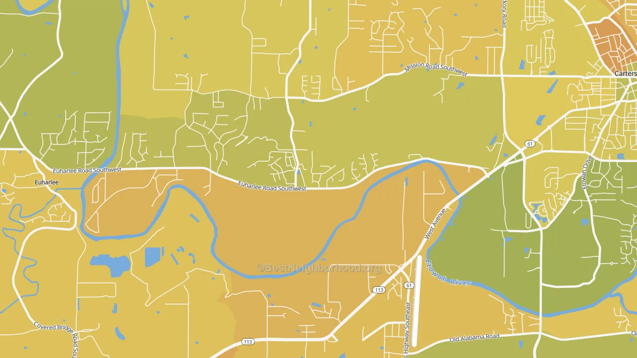 Map of the best neighborhoods in the Center area, with better matches in green and worse matches in red