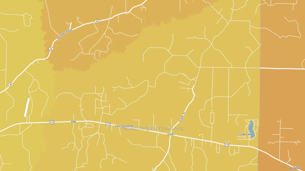 Map of the best neighborhoods in the Center Grove area, with better matches in green and worse matches in red