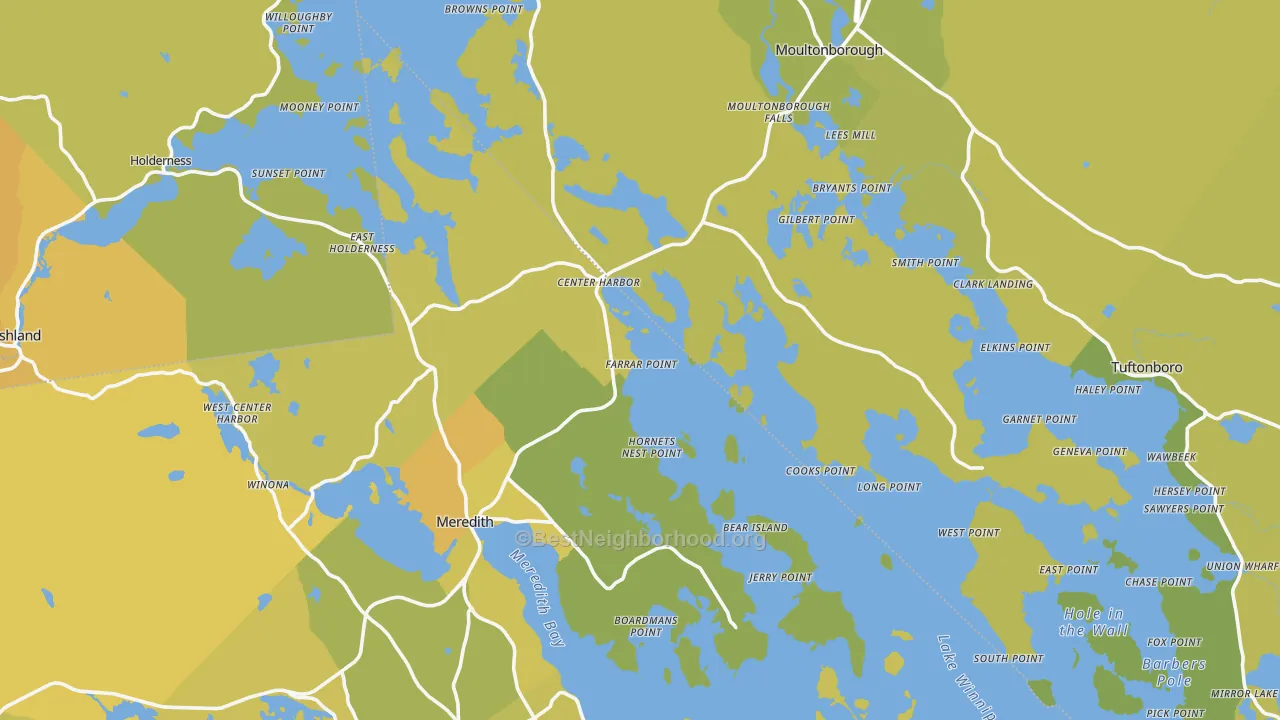 Map of the best neighborhoods in the Center Harbor area, with better matches in green and worse matches in red