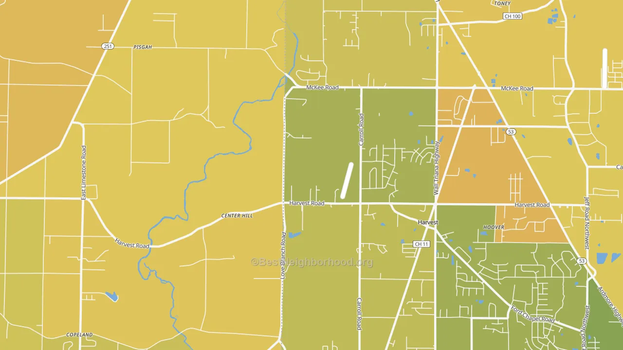 Map of the best neighborhoods in the Center Hill area, with better matches in green and worse matches in red