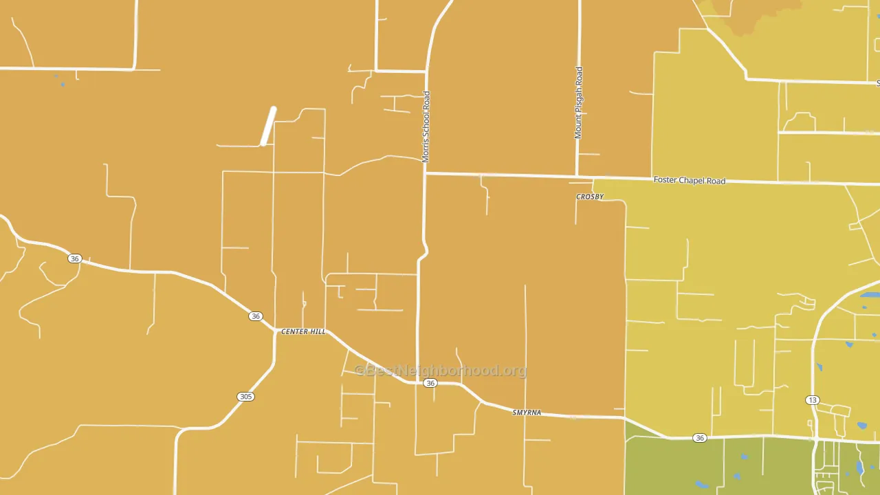 Map of the best neighborhoods in the Center Hill area, with better matches in green and worse matches in red