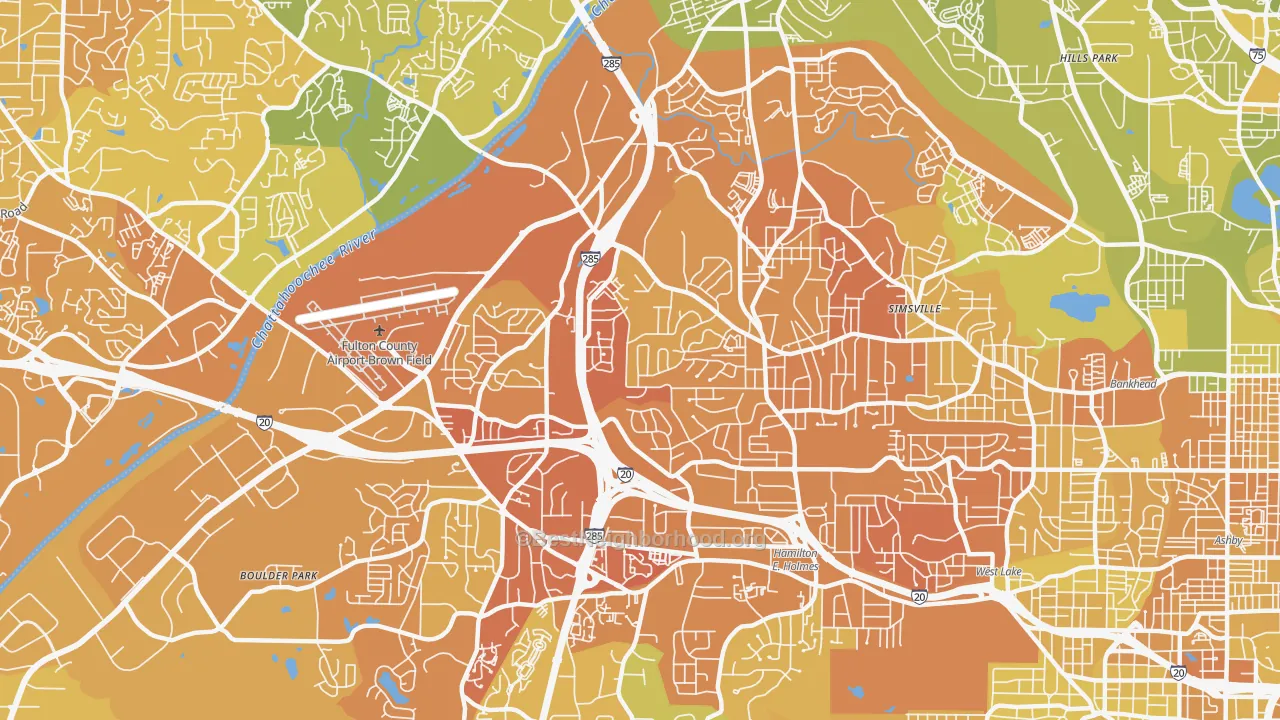 Map of the best neighborhoods in the Center Hill, Atlanta area, with better matches in green and worse matches in red