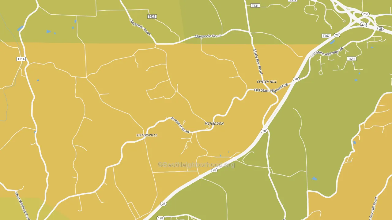 Map of the best neighborhoods in the Center Hill area, with better matches in green and worse matches in red