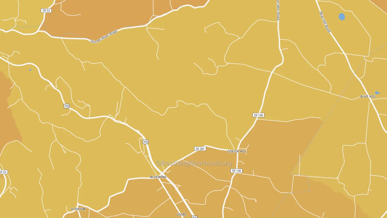 Map of the best neighborhoods in the Center Hill area, with better matches in green and worse matches in red