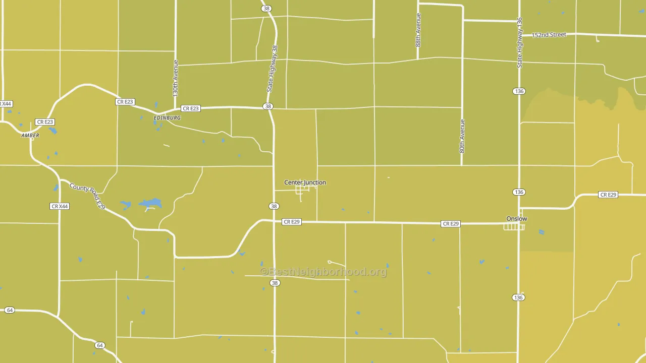 Map of the best neighborhoods in the Center Junction area, with better matches in green and worse matches in red