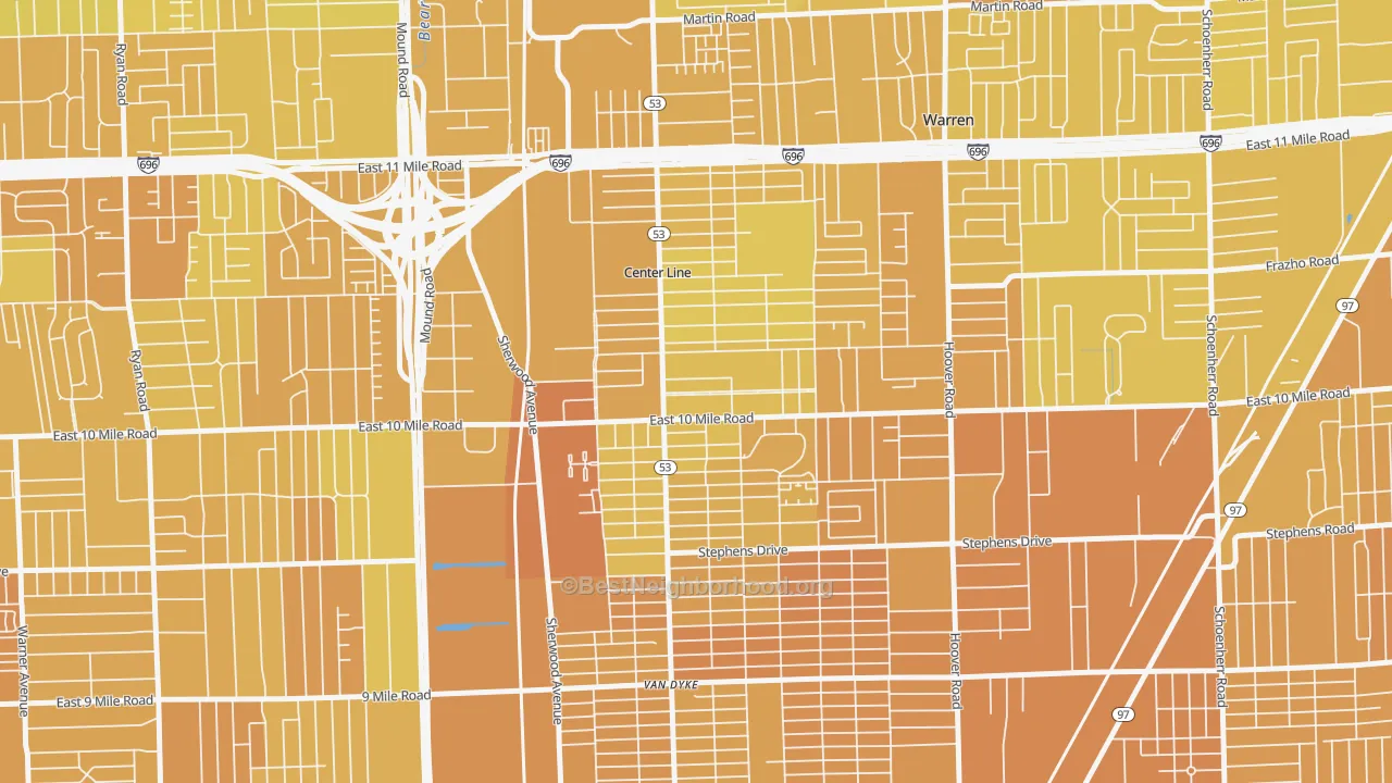 Map of the best neighborhoods in the Center Line area, with better matches in green and worse matches in red