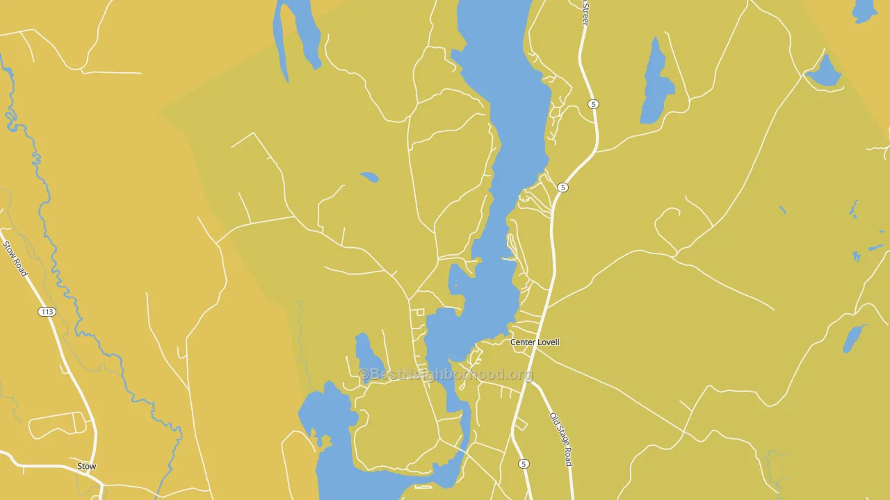 Map of the best neighborhoods in the Center Lovell area, with better matches in green and worse matches in red