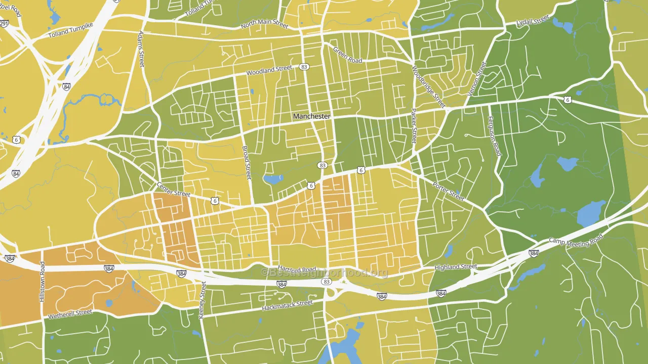Map of the best neighborhoods in the Center, Manchester area, with better matches in green and worse matches in red